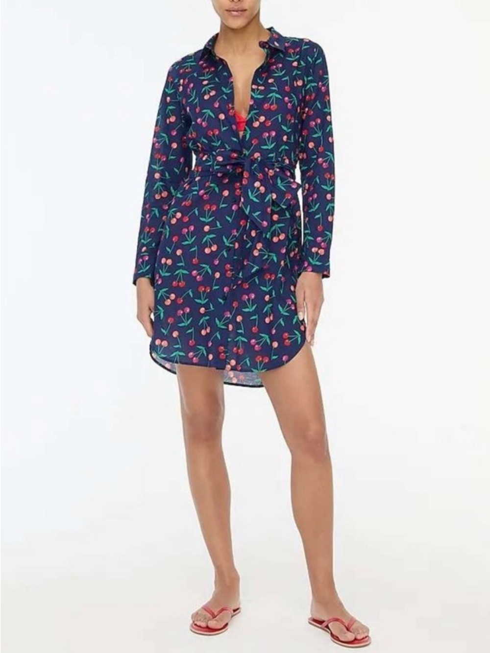 J. Crew Navy Cherry Print Button-Up Dress with Pink Trim